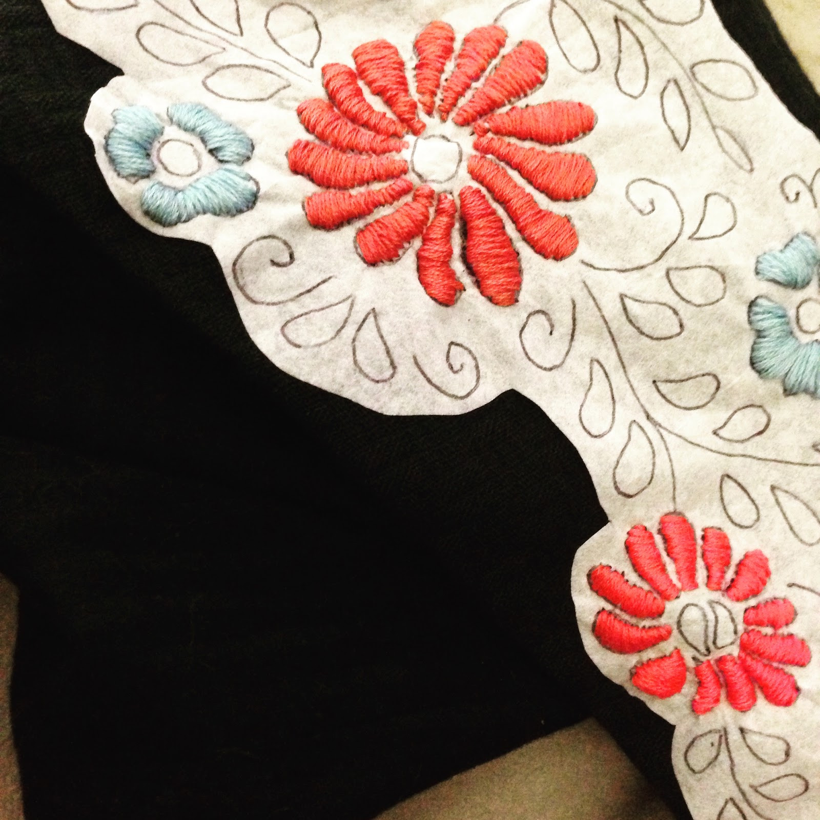 The process of hand embroidering the Mexican dress.