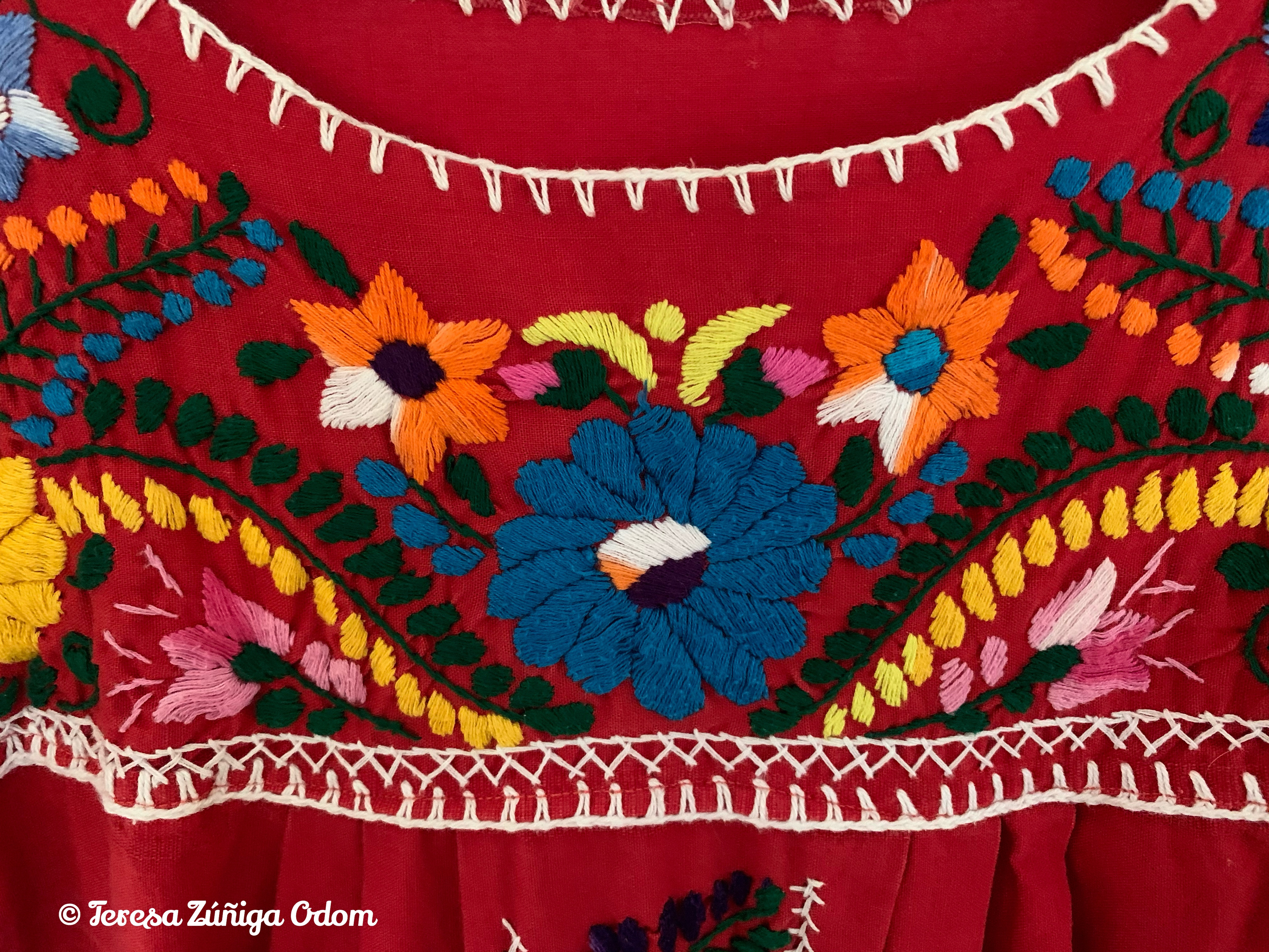 Detail of the vibrant yellow embroidery on a red vintage Mexican Puebla dress