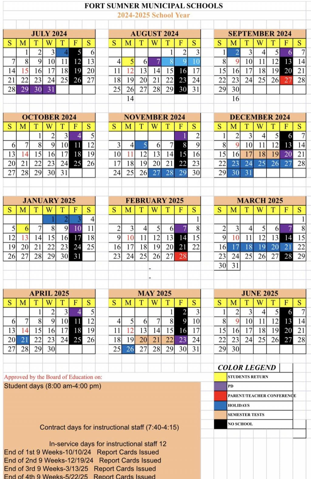 2024 to 2025 School calendar 