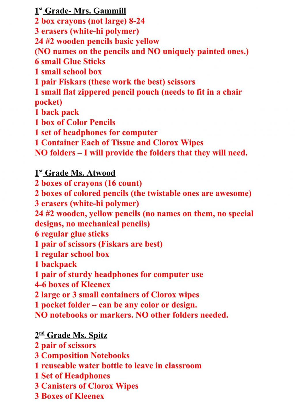 school supply list