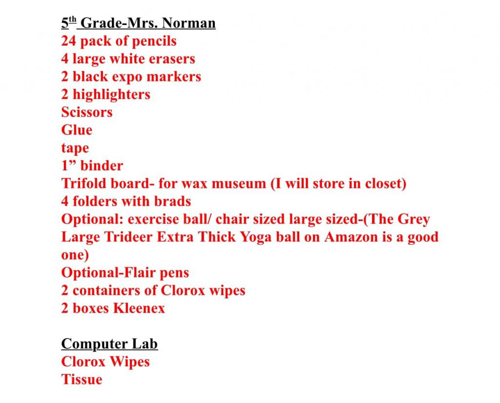 School Supply list