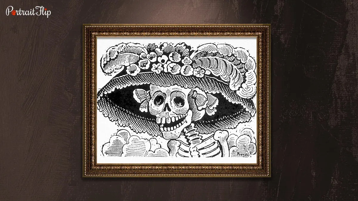 La Calavera Catrina zinc etching depicting a female skeleton in an elegant hat, a satirical figure of Mexican society.