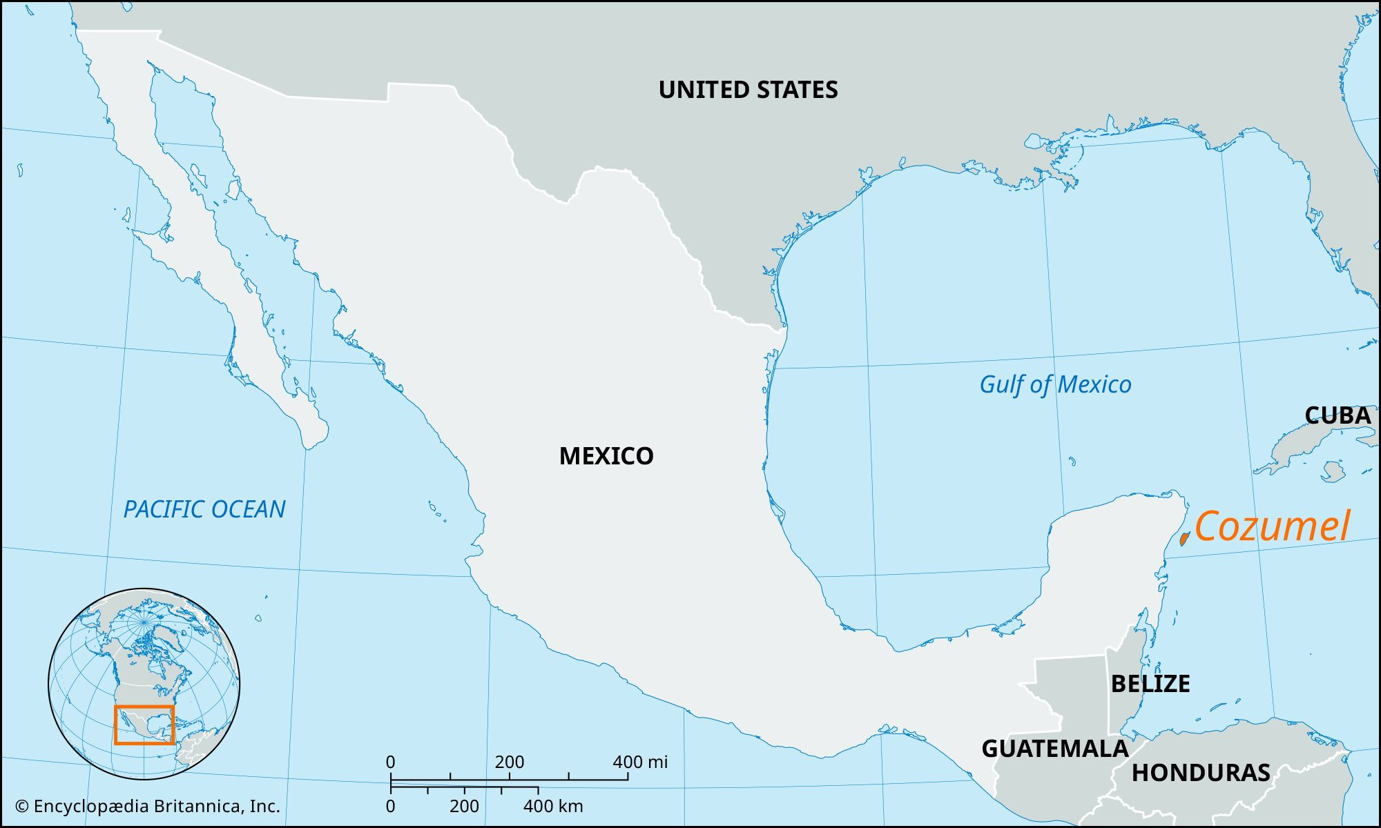 Aerial view of Cozumel Island, Mexico, showcasing its location in the Caribbean Sea near the Yucatan Peninsula
