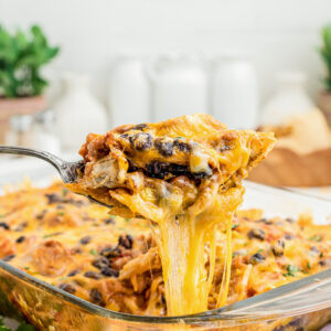 A close-up shot of a single serving of cheesy Mexican Chicken Casserole, highlighting the melted cheese and layers