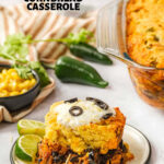 Overhead view of a delicious Mexican Cornbread Casserole, showcasing the cornbread topping and savory filling.
