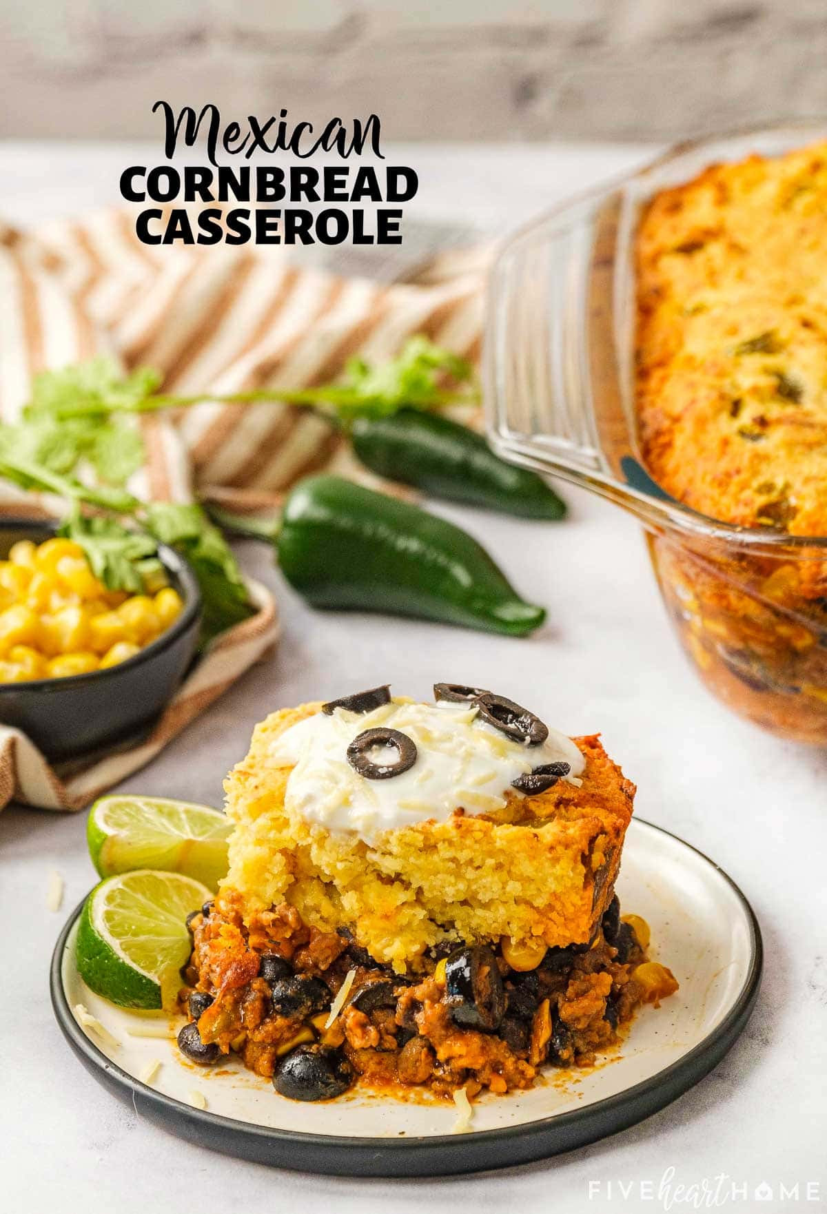 Overhead view of a delicious Mexican Cornbread Casserole, showcasing the cornbread topping and savory filling.