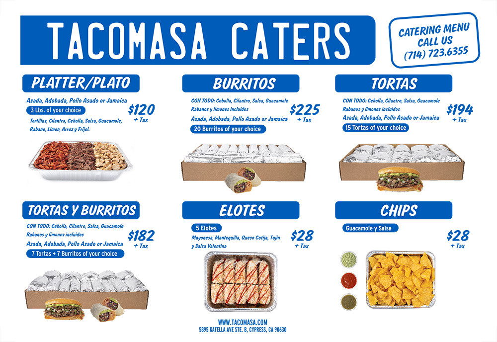 Delicious and diverse Mexican food catering menu in Cypress, California, featuring tacos, burritos, and more.