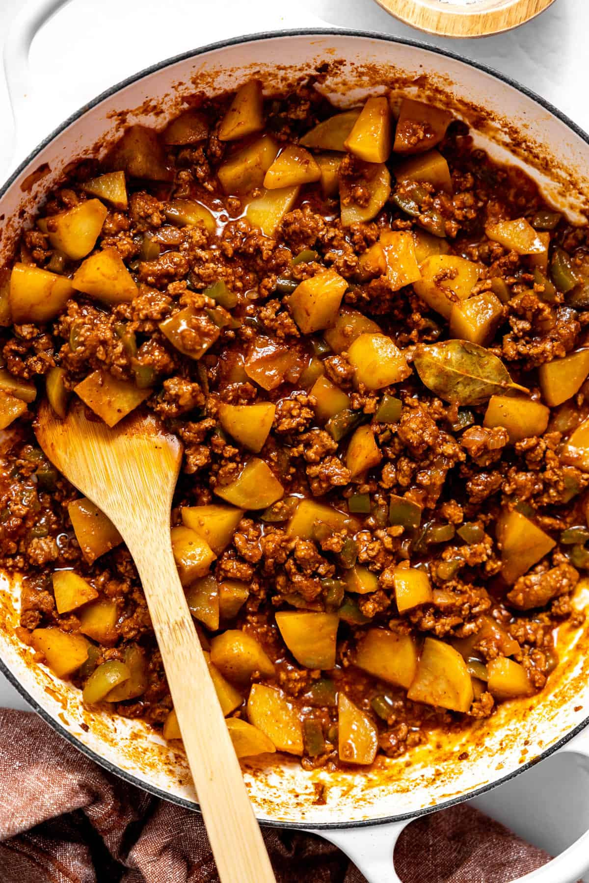 Skillet of flavorful Mexican Picadillo ready to serve.