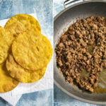 Crispy corn tortillas frying in oil and seasoned taco meat cooking in a skillet, key steps in making a homemade Mexican pizza