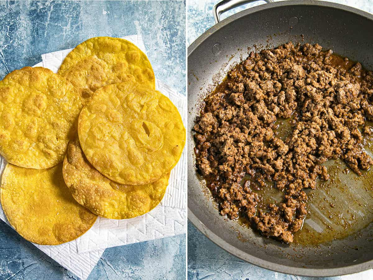 Crispy corn tortillas frying in oil and seasoned taco meat cooking in a skillet, key steps in making a homemade Mexican pizza