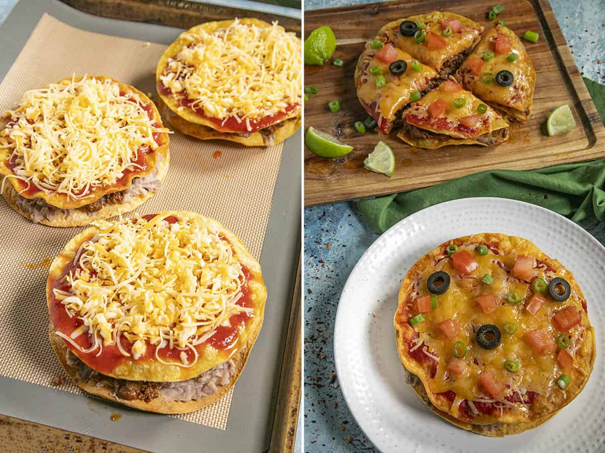 Mexican pizzas layered with ingredients and ready for baking, alongside baked pizzas fresh from the oven showing melted cheese