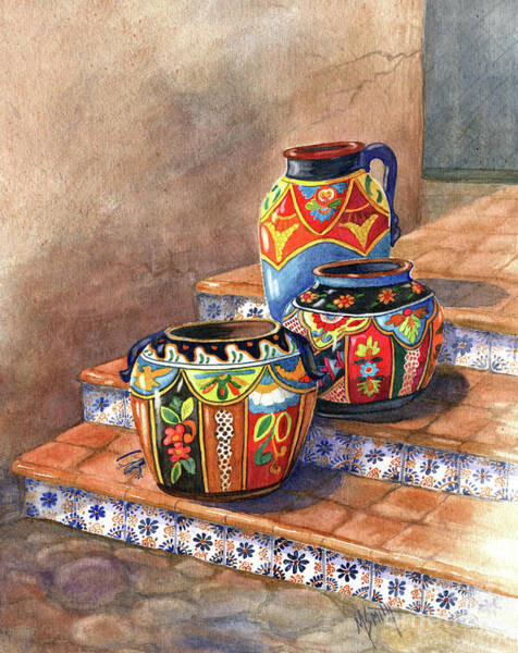 Mexican pottery still life painting showcasing traditional craftsmanship