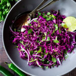 Mexican Slaw made with purple cabbage, red onion, lime, cilantro