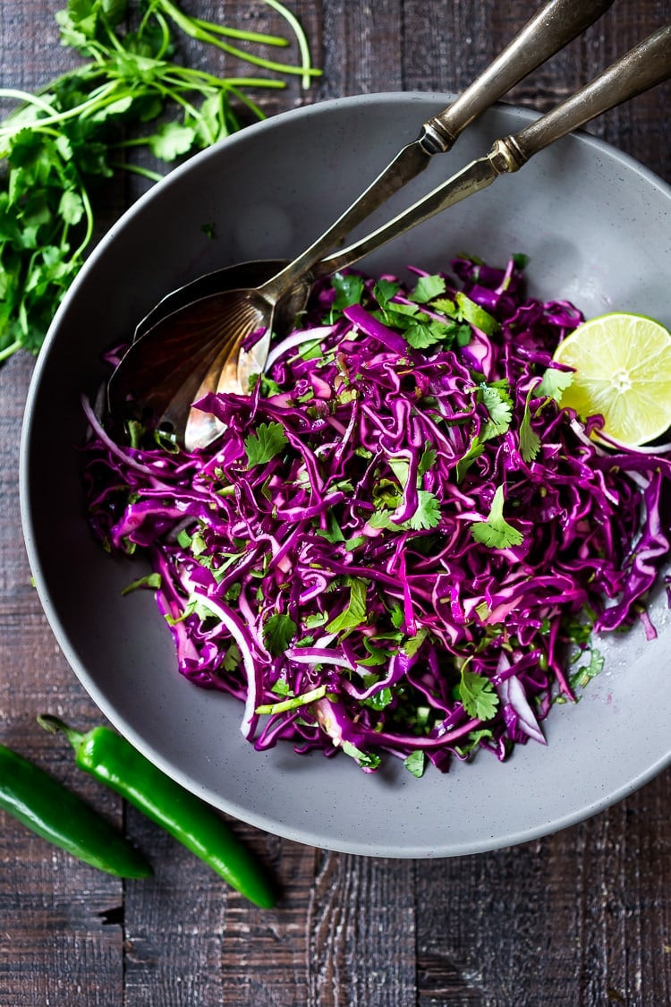 Mexican Slaw made with purple cabbage, red onion, lime, cilantro