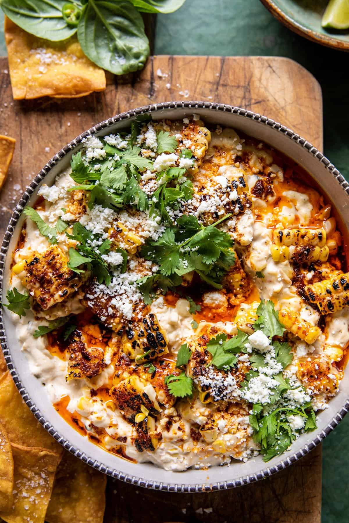 Serving of Mexican Street Corn Dip with tortilla chips