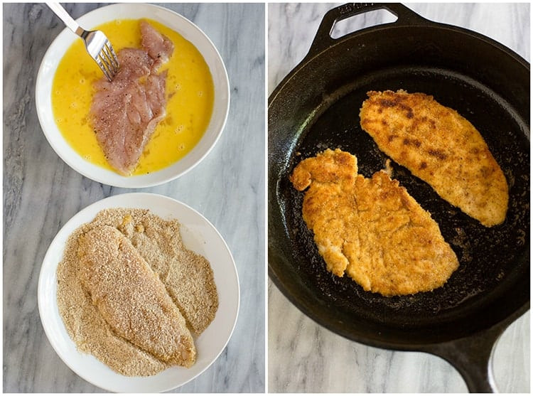 Side by side photos of chicken dipped in egg and breadcrumbs, and then the breaded chicken frying in a cast iron skillet.