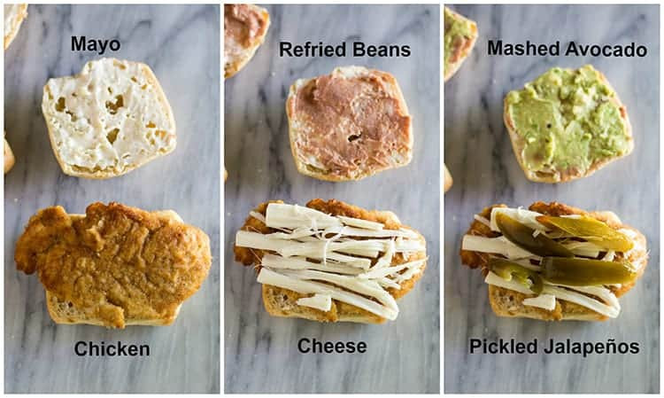 Process photos for assembling a Mexican torta with chicken, cheese, jalapenos, refried beans and avocado.