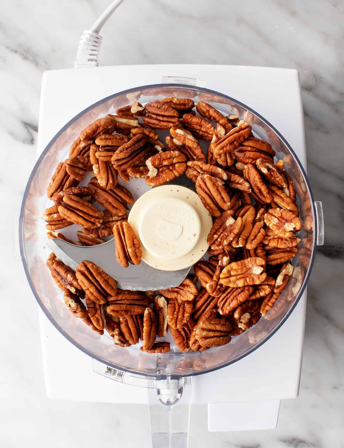 Toasted pecans in a food processor