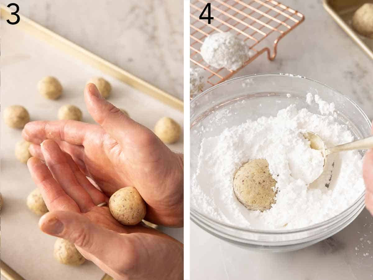 A two-image grid showing cookie dough being rolled into balls and then being coated in powdered sugar.