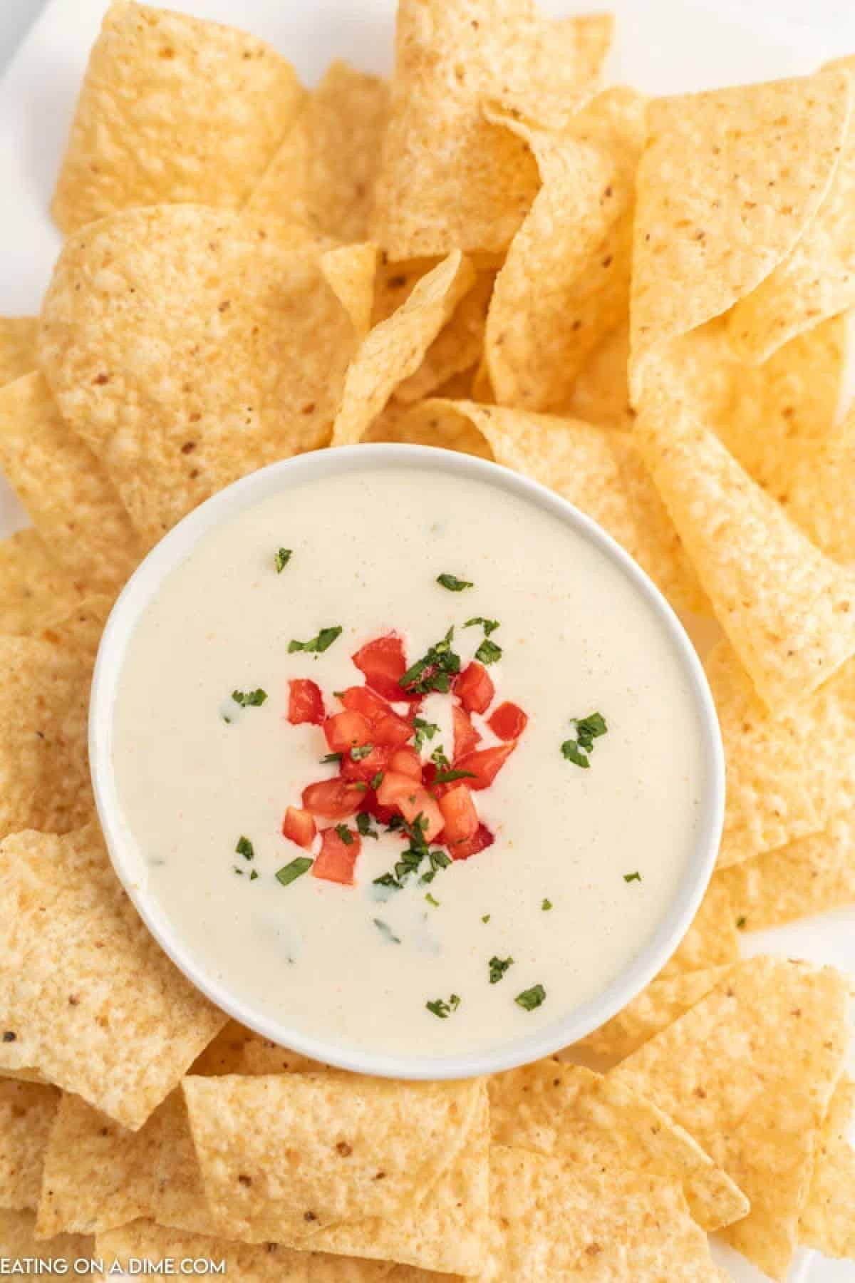 A large white platter filled with tortilla chips with a small bowl of the Mexican white cheese dip in the middle topped with diced tomatoes and fresh cilantro