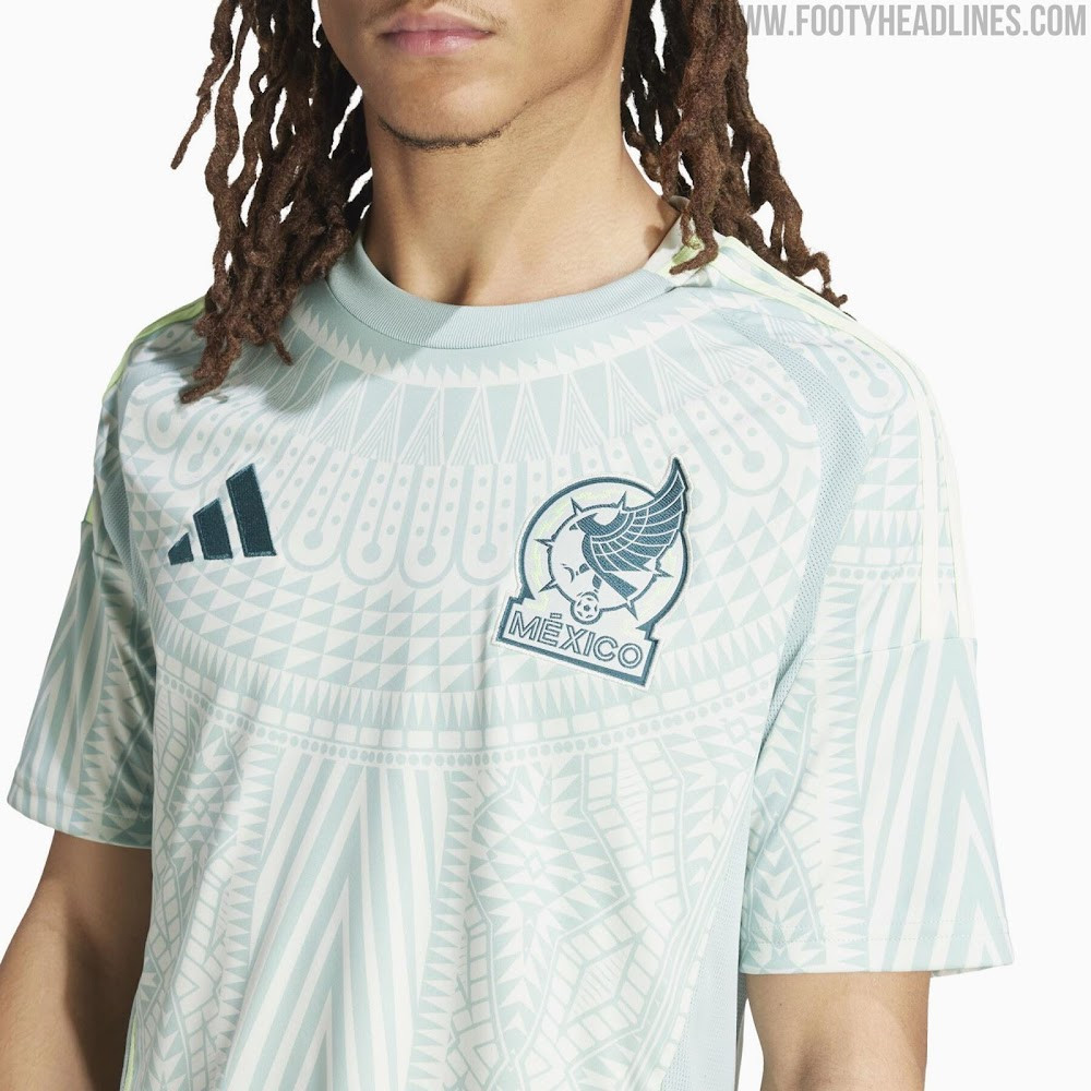 Mexico 2024 Away Kit showcasing a light green-grey base and Aztec-inspired pattern