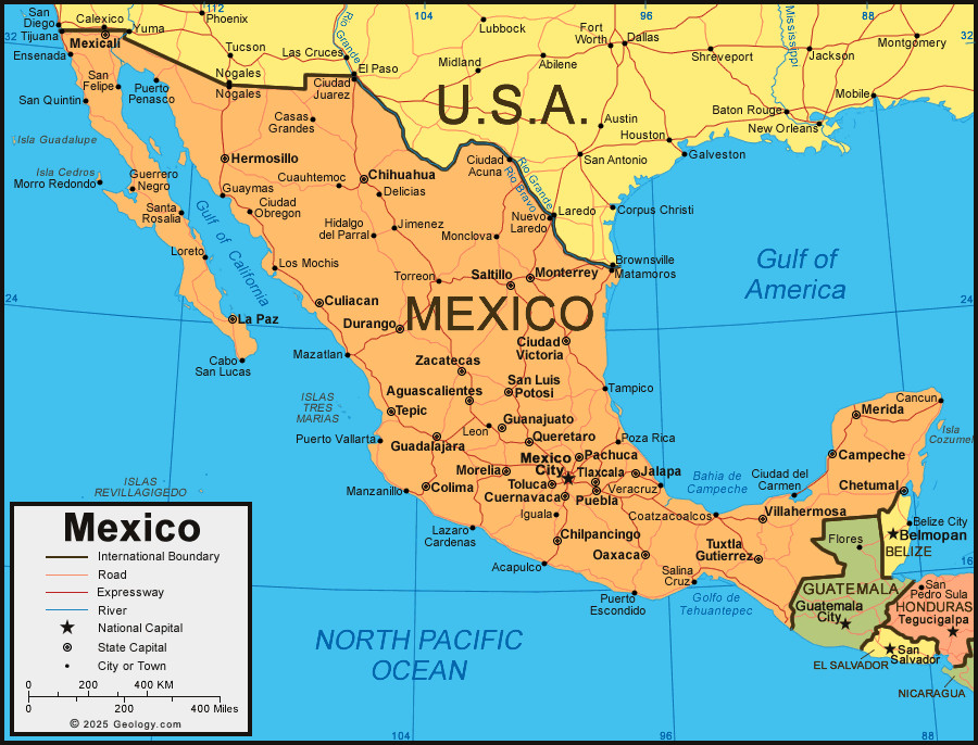 Political map of Mexico showcasing cities and major roadways