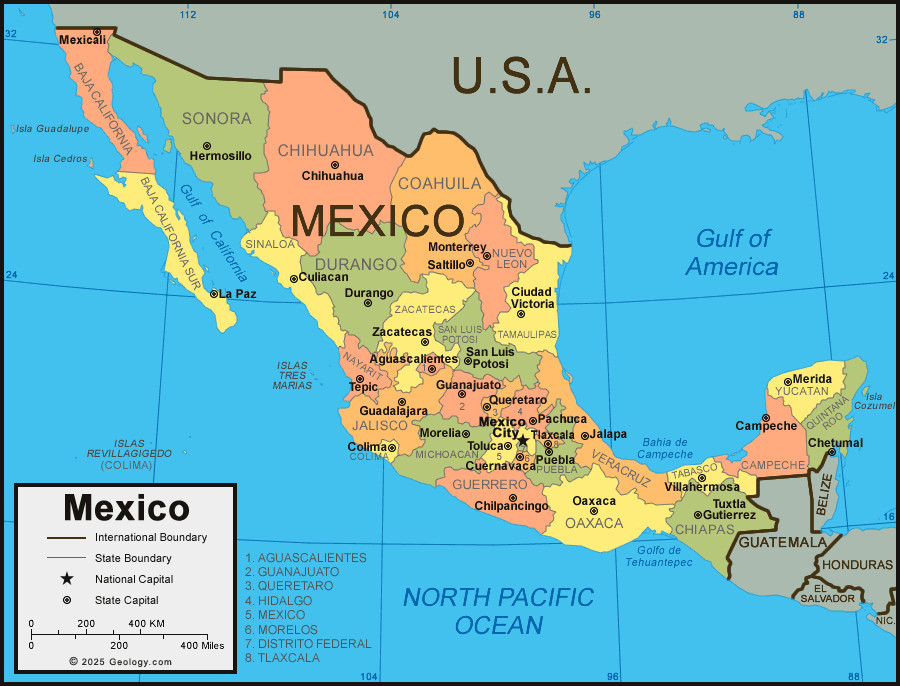 Map of Mexico divided into states, each distinctly colored