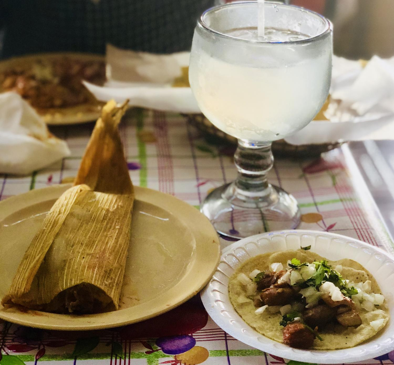 Pork tamale, pork taco, and margarita la paloma from Mi Barrio Mexican Restaurant Atlanta