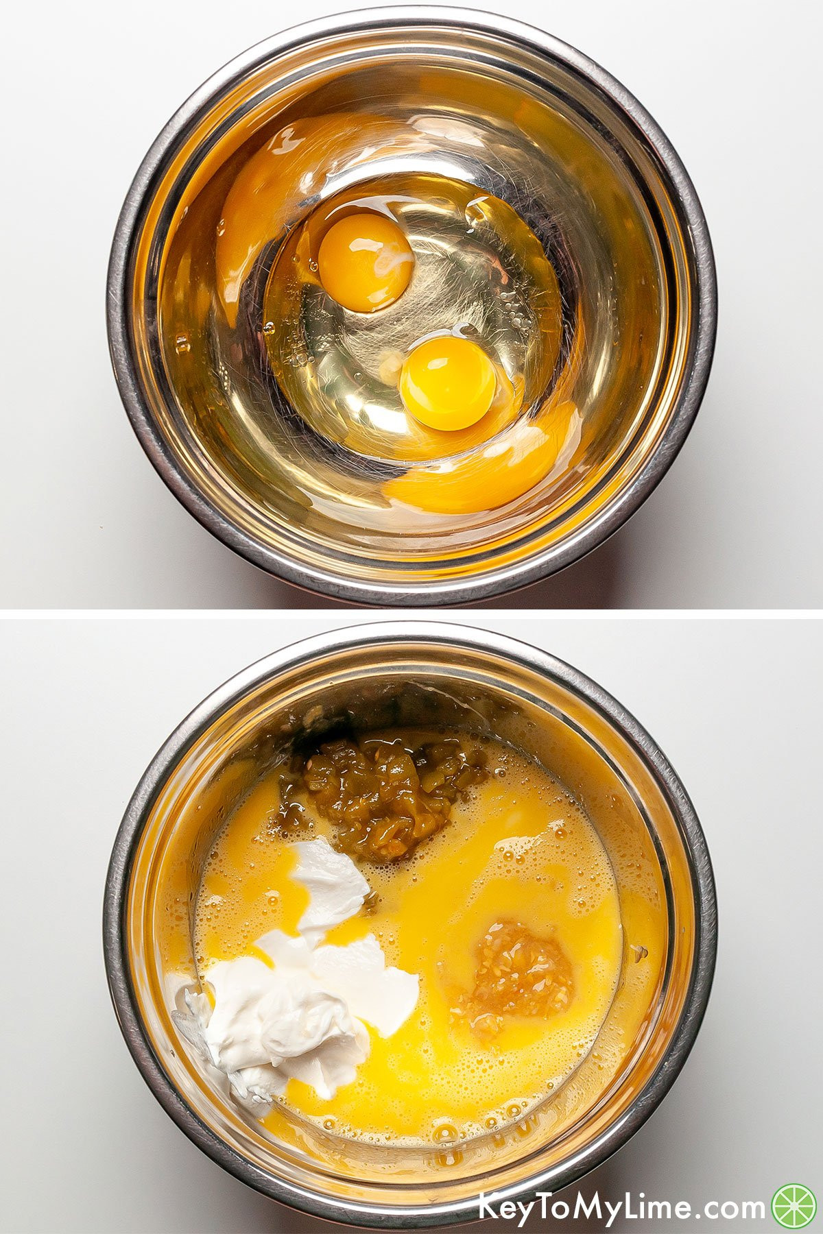 A process collage showing mixing the wet ingredients for Mexican cornbread.