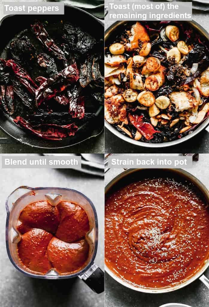 A series of four photos showing the mole-making process: toasting ingredients, blending them, straining the sauce, and the finished mole sauce in a skillet.