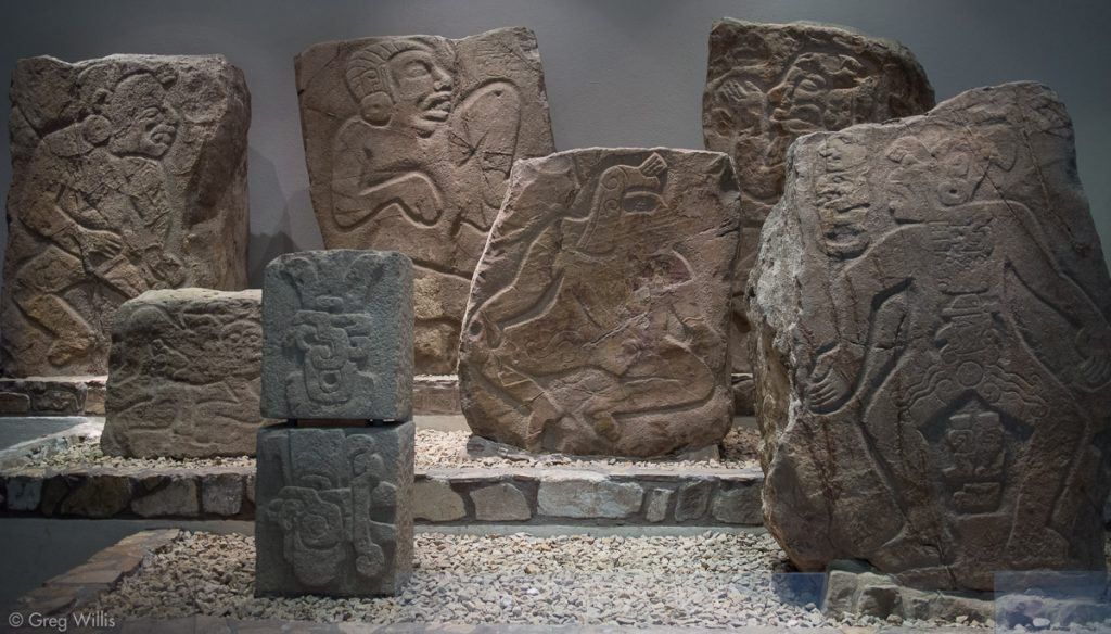 Display of Danzantes stones in the Museo de Sitio at Monte Alban