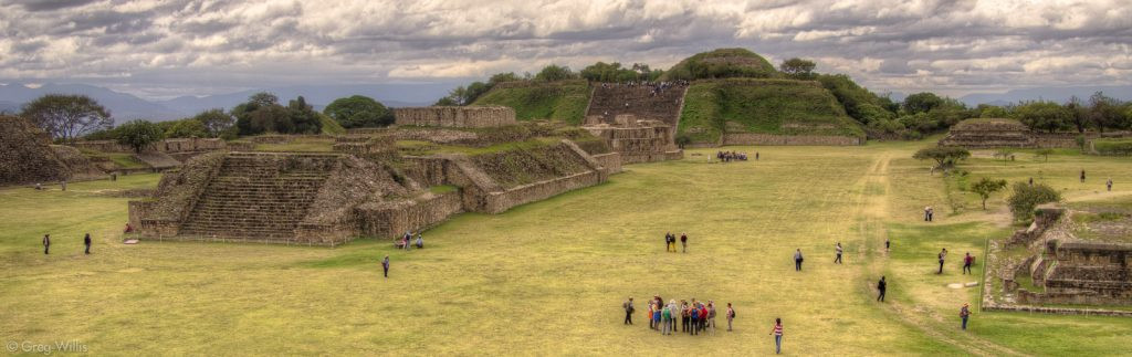 Panoramic view of Monte Alban's Gran Plaza looking south towards the South Platform