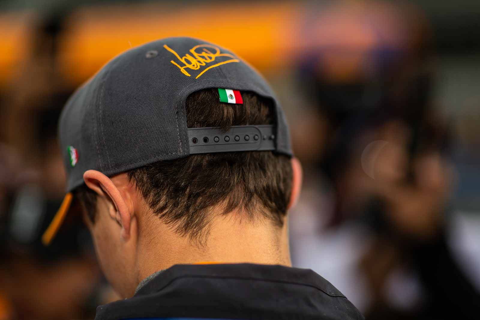 Close-up of the Mexican flag detail on Lando Norris' McLaren cap at the Mexican Grand Prix