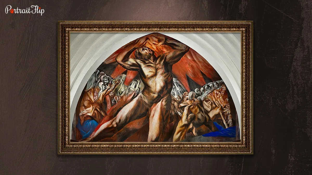 Prometheus mural at Pomona College, depicting the Greek Titan bringing fire to humanity amidst pale figures.