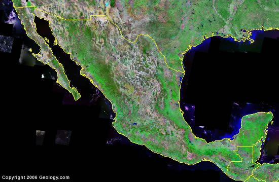 Satellite view of Mexico revealing its diverse terrain and urban areas