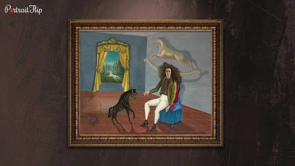 Self-Portrait (Inn of the Dawn Horse) painting featuring Leonora Carrington with symbolic animals in a surreal and dreamlike setting.