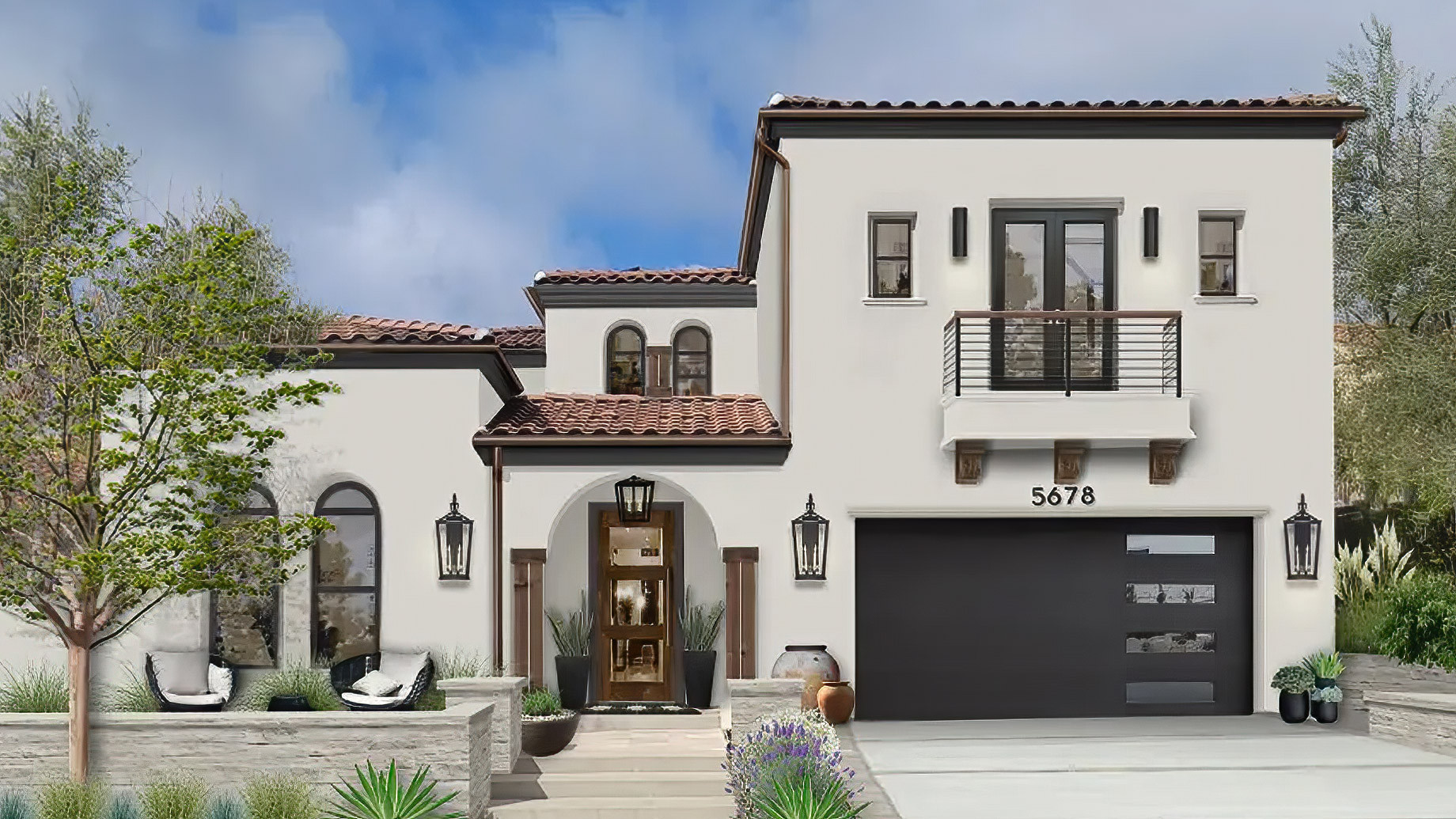 Spanish Colonial Home with Arched Windows and Red Tile Roof