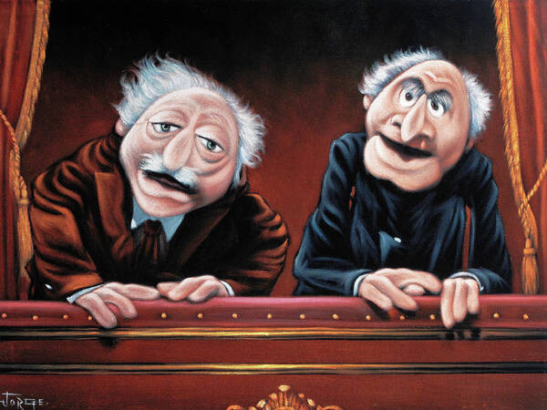 Statler and Waldorf Muppets as Mexican art, blending pop culture with artistic expression
