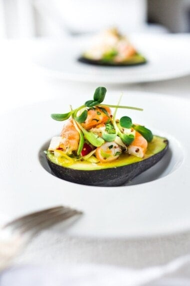 Image of Stuffed Avocado with Shrimp and Tarragon, a light and healthy summer meal.