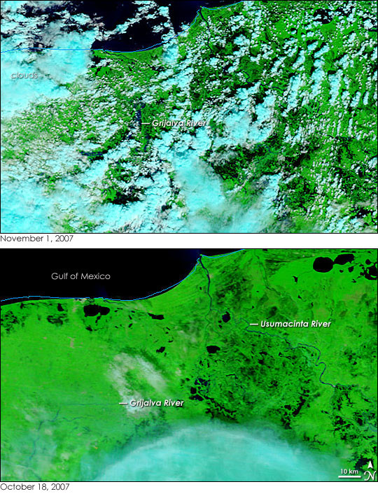 Extensive flooding in southeastern Mexico, particularly Tabasco state, is visible in this NASA satellite image from November 1, 2007.  The image, captured by MODIS on the Terra satellite, shows the aftermath of days of torrential rain that submerged much of the region.