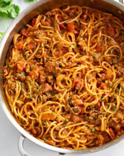 Image of Taco Spaghetti recipe, linking to a similar taco-inspired pasta dish.