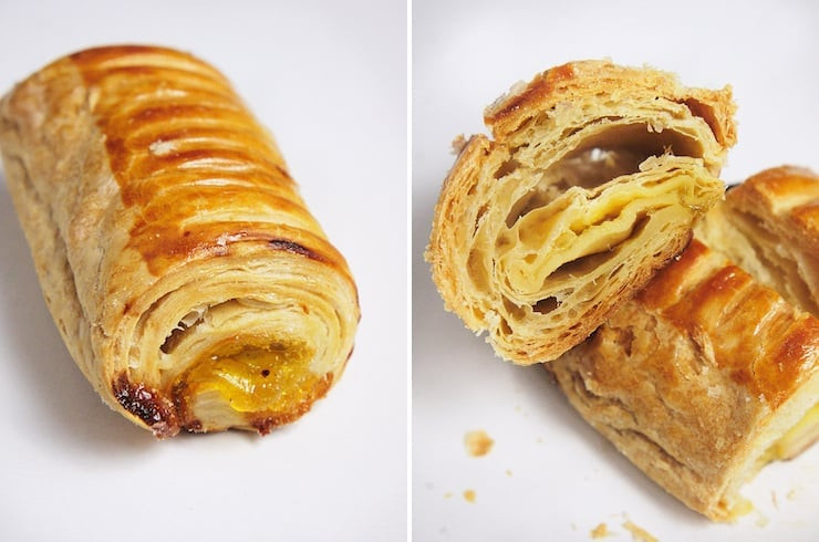 Tacos de Piña pan dulce, rolled puff pastry filled with pineapple jam.