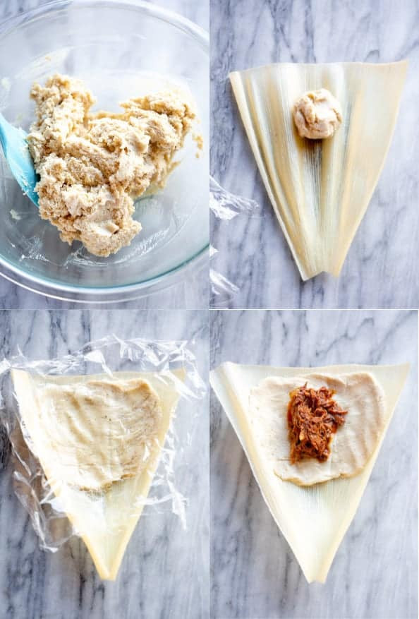 Tamale masa in a bowl, a ball of masa on a corn husk, spread out and then pork filling placed on top.