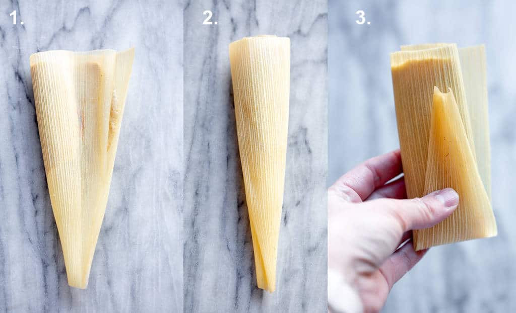 Three process photos for folding a tamale inside a corn husk.