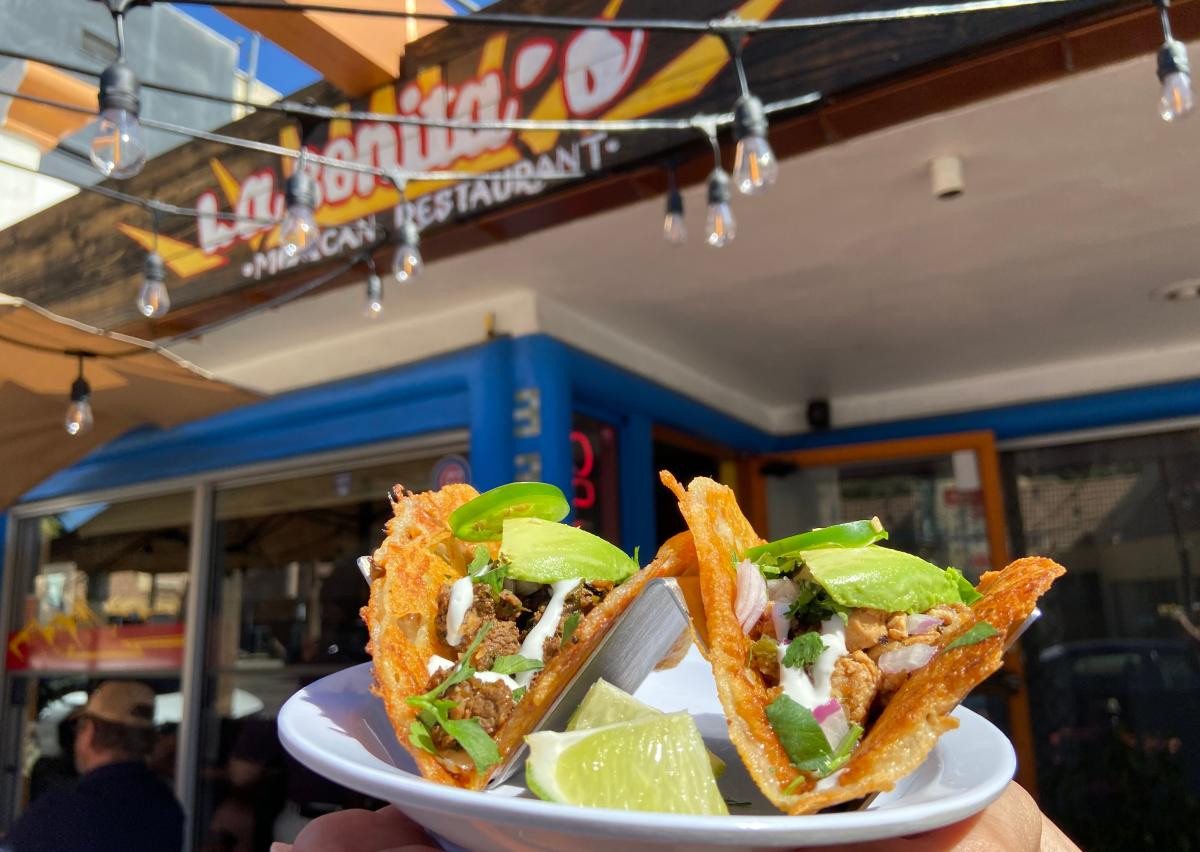 Crispy cheese shell tacos at La Bonita's in Palm Springs, a keto-friendly Mexican option in Mexican Palm Springs