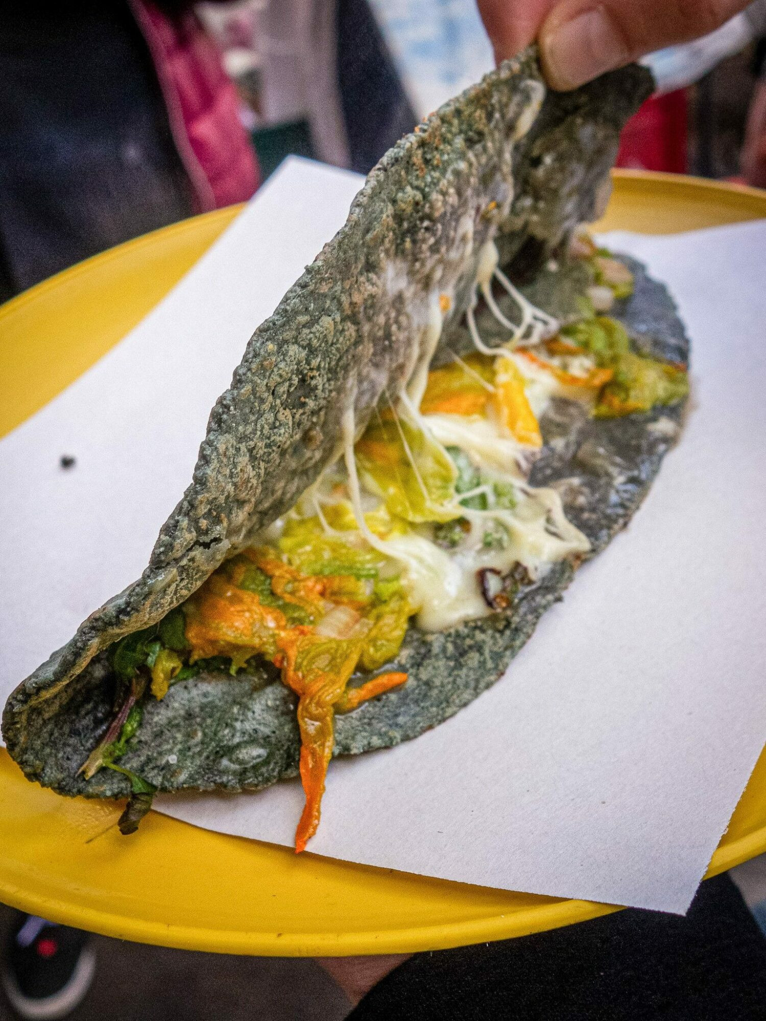 A close-up of a delicious blue corn quesadilla with squash blossoms, highlighting the vibrant colors and textures.