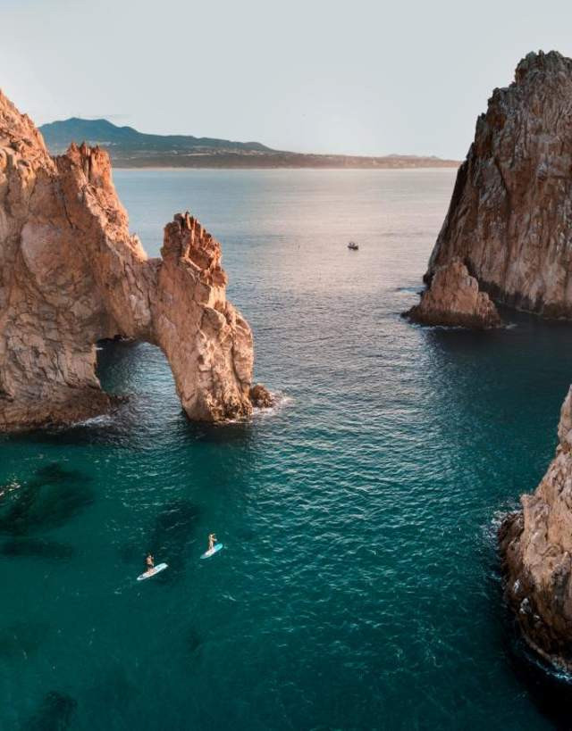 Aerial view of El Arco, the Arch of Cabo San Lucas in Mexico, showcasing its unique rock formation.