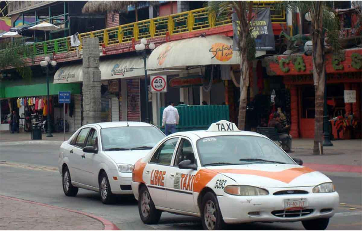 A taxi in downtown Tijuana, a safe and recommended mode of transportation for surfers in Mexico, especially during late hours.