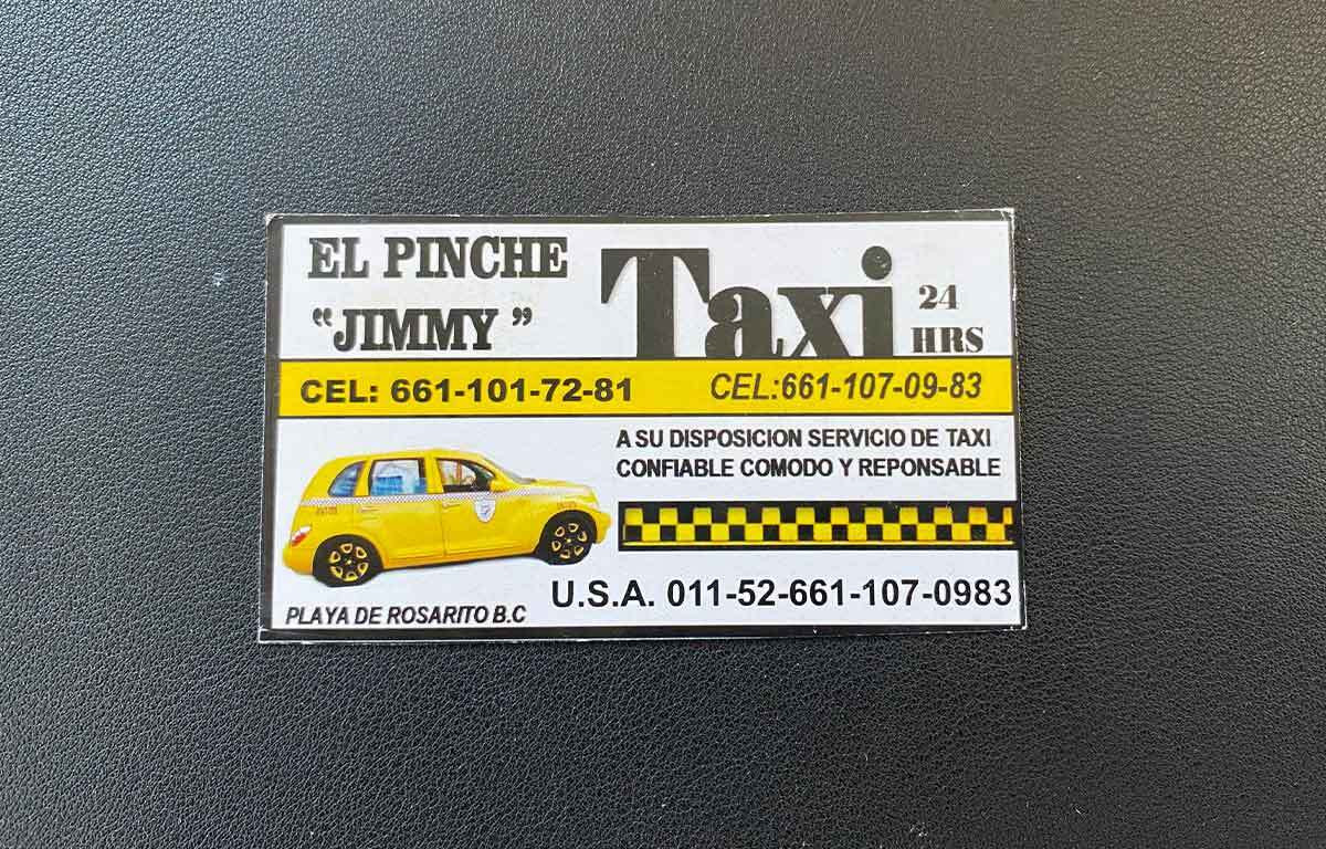 El Pinche's business card, a humorous memento from a memorable taxi ride in Tijuana, highlighting the unexpected transportation experiences for surfers in Mexico.