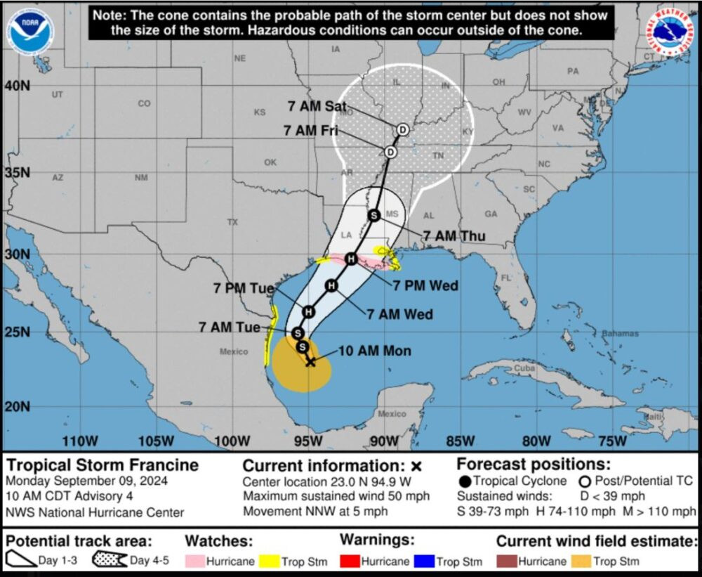 Projected storm track of Tropical Storm Francine, showing its path across the Gulf of Mexico and towards the Louisiana coast.